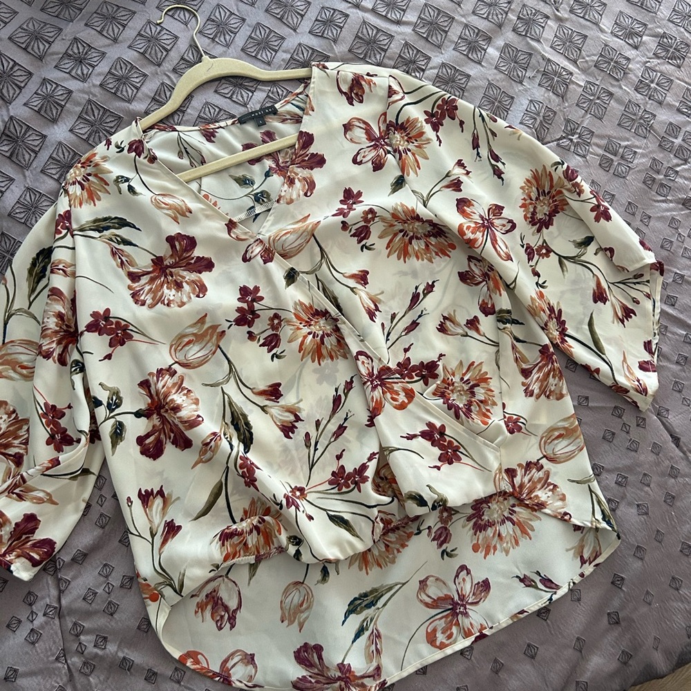 West Kei Cream Floral V-Neck Blouse with Burgundy and Rust Accents